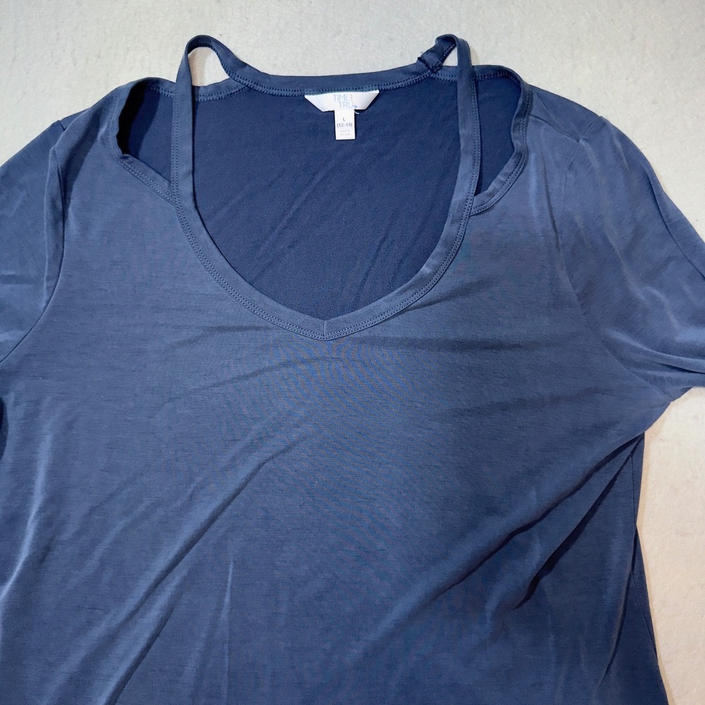 Time and Tru Top Women L Blue Excellent Strappy Cold Shoulder Long Sleeve V Neck